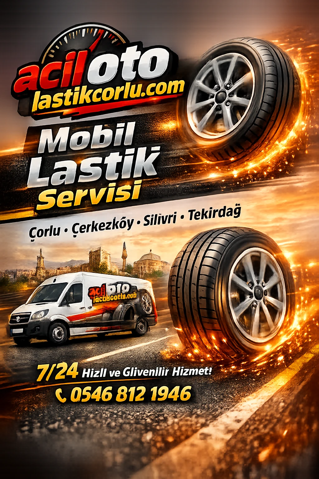 Mobil lastik yol yardım servis aracı ve lastik konsepti